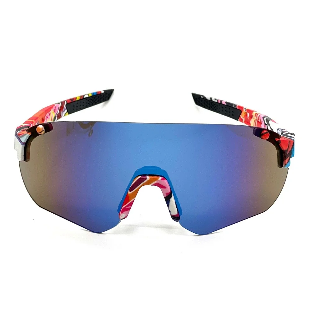 Multicolor Graffiti Shield Sport Sunglasses Blue Mirrored Lens Mens Cycling Gear